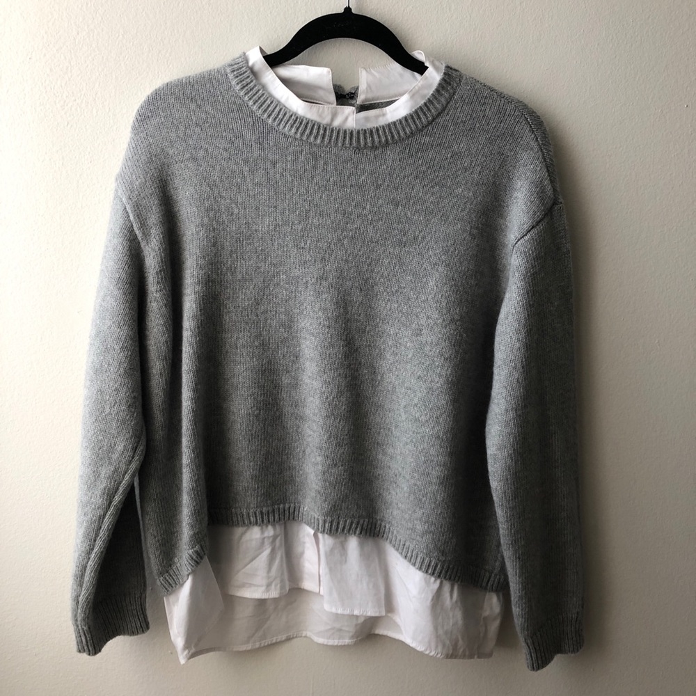 GREY SWEATER WITH WHITE SHIRT TRIMMINGS